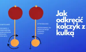 Ilustracja pokazuje, jak odkręcić kolczyk z kulką. Zamykanie: zgodnie z ruchem wskazówek zegara (prawo). Otwieranie: przeciwnie do wskazówek zegara (lewo).