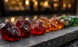 Rząd surowych kamieni szlachetnych granat i innych minerałów w odcieniach czerwieni, pomarańczy i zieleni, ułożonych na ciemnej płycie.