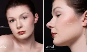 Kobieta z subtelnym septum w nosie i kolczykiem w płatku ucha. Po prawej stronie widoczny kolczyk w nosie (nostril).