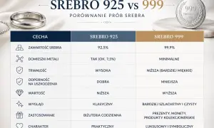 Porównanie srebra 925 i 999: czy srebro 925 jest dobre? Tabela pokazuje, że 925 jest trwalsze i odporniejsze na uszkodzenia, idealne do codziennej biżuterii.