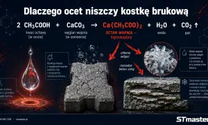 Kwas octowy reaguje z węglanem wapnia w betonie, uwalniając CO2 i rozpuszczając strukturę. Octan wapnia chłonie wilgoć, co zimą prowadzi do rozsadzania betonu.