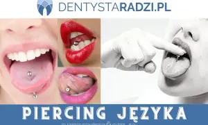 Kolaż zdjęć z piercingiem języka, w tym zbliżenie na usta z ozdobą. Dentyści radzą o bezpieczeństwie przy tego typu zabiegach.
