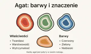 Ilustracja przedstawia kolorowe agaty w różnych odcieniach: czerwonym, zielonym i niebieskim. Podkreśla ich warstwową strukturę i unikalność.