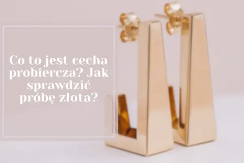 Eleganckie kolczyki z żółtego złota, które przypominają czerwone złoto ruskie. Tekst pyta o cechę probierczą i próbę złota.