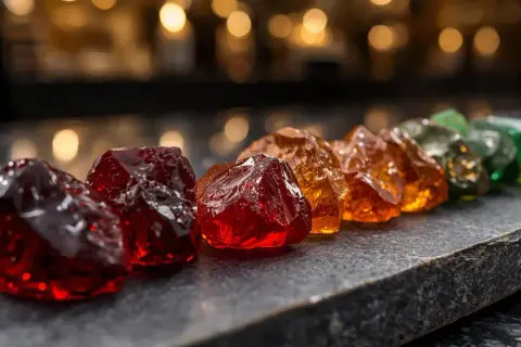 Rząd surowych kamieni szlachetnych granat i innych minerałów w odcieniach czerwieni, pomarańczy i zieleni, ułożonych na ciemnej płycie.