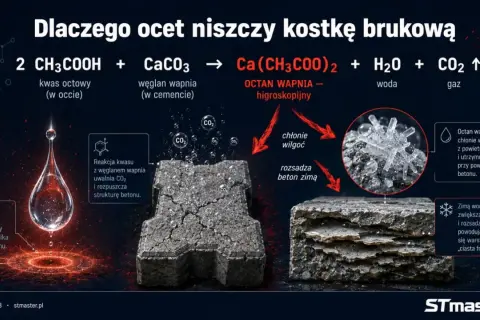 Kwas octowy reaguje z węglanem wapnia w betonie, uwalniając CO2 i rozpuszczając strukturę. Octan wapnia chłonie wilgoć, co zimą prowadzi do rozsadzania betonu.