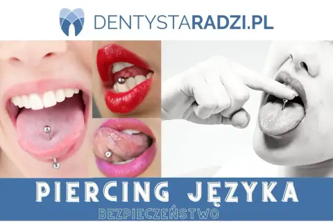 Kolaż zdjęć z piercingiem języka, w tym zbliżenie na usta z ozdobą. Dentyści radzą o bezpieczeństwie przy tego typu zabiegach.