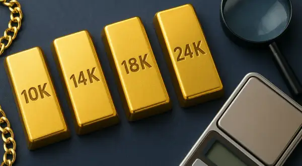 Sztabki złota o próbach 10K, 14K, 18K i 24K, obok wagi jubilerskiej i szkła powiększającego. Każda sztabka to symbol bogactwa, a 24K to czyste złoto.