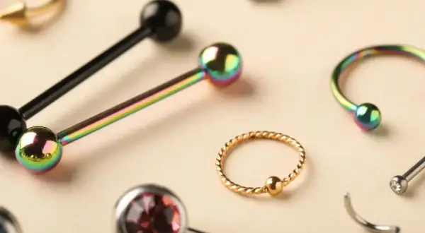 Kolekcja biżuterii do piercingu: sztangi, kółka i podkowy w tęczowych i złotych kolorach, idealne do piercingu penisa.