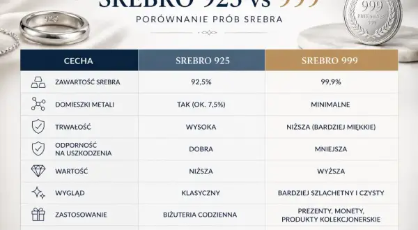 Porównanie srebra 925 i 999: czy srebro 925 jest dobre? Tabela pokazuje, że 925 jest trwalsze i odporniejsze na uszkodzenia, idealne do codziennej biżuterii.