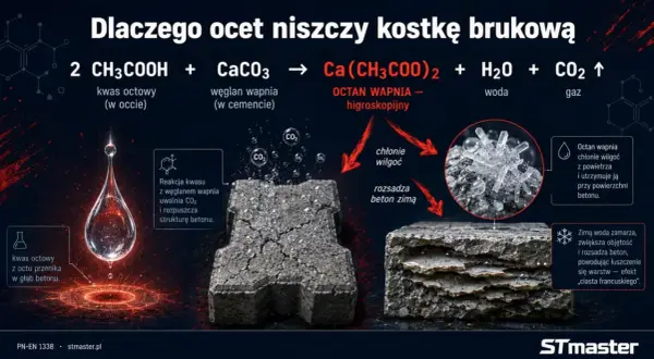 Kwas octowy reaguje z węglanem wapnia w betonie, uwalniając CO2 i rozpuszczając strukturę. Octan wapnia chłonie wilgoć, co zimą prowadzi do rozsadzania betonu.