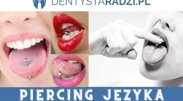 Kolaż zdjęć z piercingiem języka, w tym zbliżenie na usta z ozdobą. Dentyści radzą o bezpieczeństwie przy tego typu zabiegach.