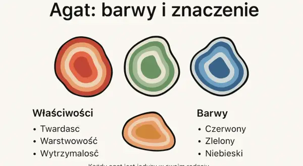 Ilustracja przedstawia kolorowe agaty w różnych odcieniach: czerwonym, zielonym i niebieskim. Podkreśla ich warstwową strukturę i unikalność.