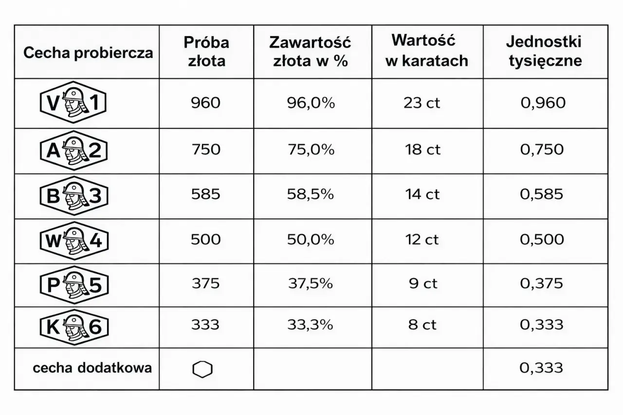 Tabela z próbami złota, zawartością w %, wartością w karatach i jednostkami tysięcznymi.