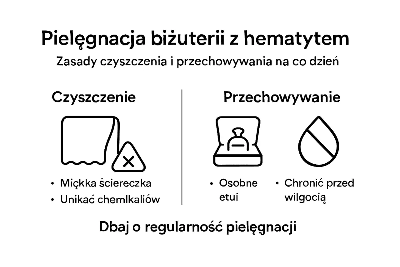 Pielęgnacja biżuterii z hematytem: czyść miękką ściereczką, unikaj chemikaliów, przechowuj w etui, chroń przed wilgocią.