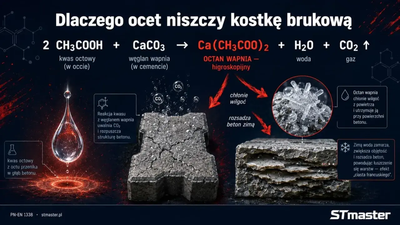 Kwas octowy reaguje z węglanem wapnia w betonie, uwalniając CO2 i rozpuszczając strukturę. Octan wapnia chłonie wilgoć, co zimą prowadzi do rozsadzania betonu.