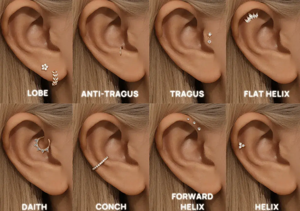 Osiem przykładów kolczyków do ucha: płatek, anti-tragus, tragus, flat helix, daith, conch, forward helix, helix. Idealne pierwsze kolczyki po przekłuciu.