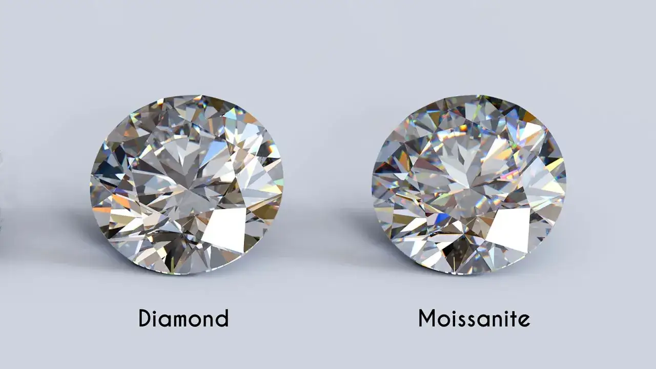 Dwa błyszczące kamienie szlachetne: diament i moissanit, porównane obok siebie.