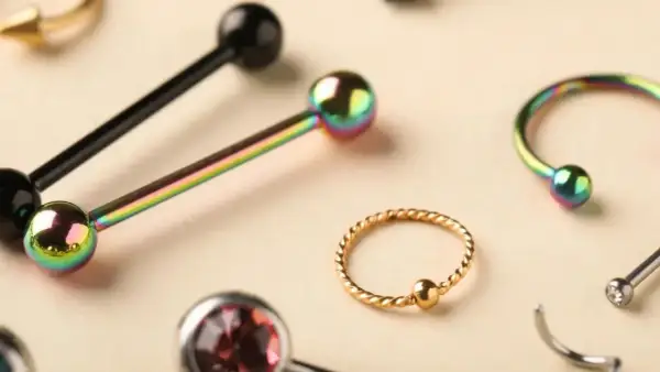 Kolekcja biżuterii do piercingu: sztangi, kółka i podkowy w tęczowych i złotych kolorach, idealne do piercingu penisa.