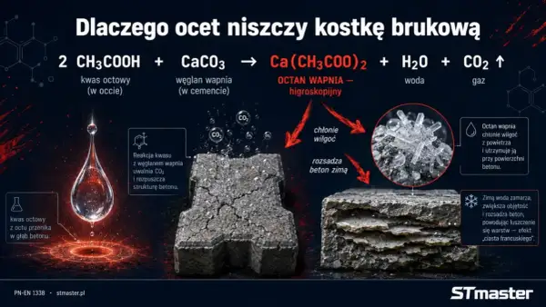 Kwas octowy reaguje z węglanem wapnia w betonie, uwalniając CO2 i rozpuszczając strukturę. Octan wapnia chłonie wilgoć, co zimą prowadzi do rozsadzania betonu.
