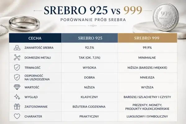 Porównanie srebra 925 i 999: zawartość, trwałość, wygląd. Srebro 999 to bardziej szlachetny metal szlachetny.
