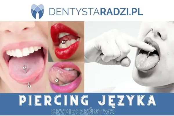 Kolaż zdjęć z piercingiem języka, w tym zbliżenie na usta z ozdobą. Dentyści radzą o bezpieczeństwie przy tego typu zabiegach.
