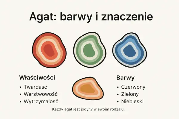 Ilustracja przedstawia kolorowe agaty w różnych odcieniach: czerwonym, zielonym i niebieskim. Podkreśla ich warstwową strukturę i unikalność.